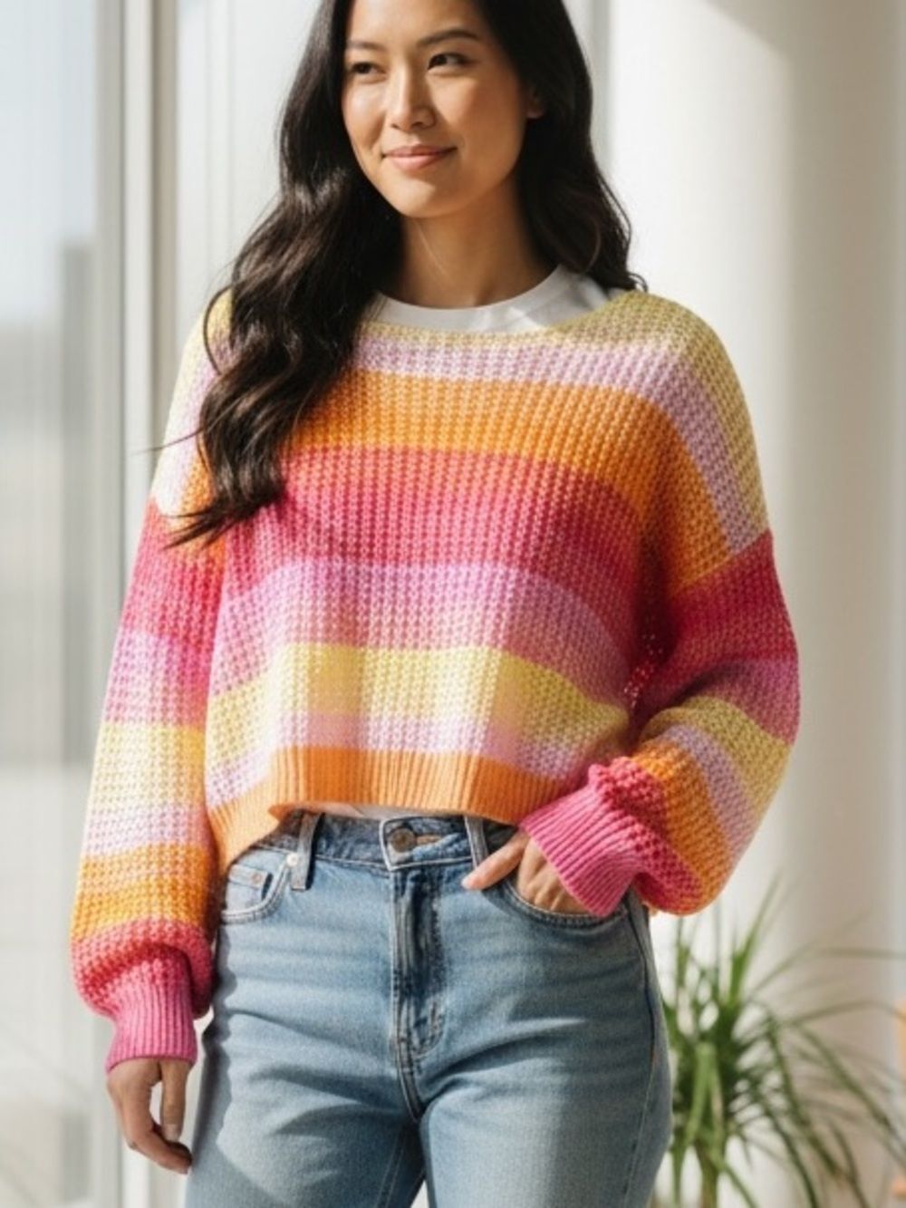 Pink Lily Cropped Crewneck Sweater in Pink, Yellow & Orange Stripes